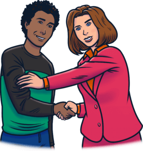 Graphic of female property and family lawyer shaking hands with client